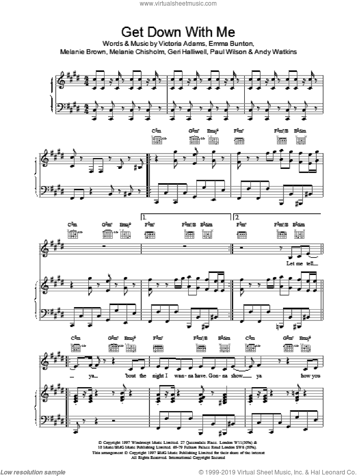 Get Down With Me sheet music for voice, piano or guitar by Emma Bunton, The Spice Girls, Adams,V and Brown,M :Chisholm,M, intermediate skill level