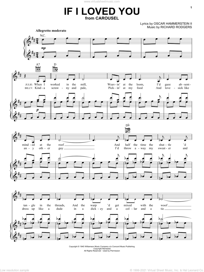 If I Loved You sheet music for voice, piano or guitar by Rodgers & Hammerstein, Carousel (Musical), Oscar II Hammerstein and Richard Rodgers, intermediate skill level