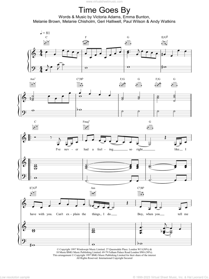 Time Goes By sheet music for voice, piano or guitar by The Spice Girls, E Bunton, M Brown and Victoria Adams, intermediate skill level