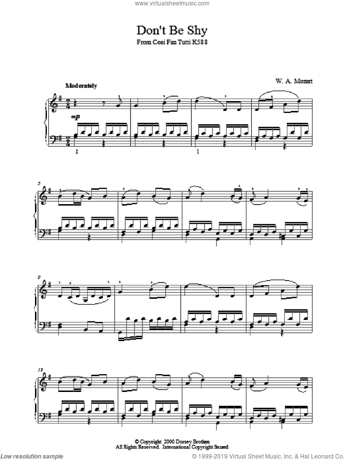Don't Be Shy From Cosi Fan Tutti K588 sheet music for piano solo by Wolfgang Amadeus Mozart, classical score, intermediate skill level
