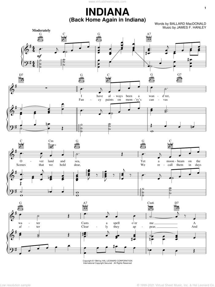 Indiana (Back Home Again In Indiana) sheet music for voice, piano or guitar by Ballard MacDonald and James Hanley, intermediate skill level