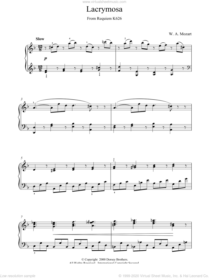 Lacrymosa from Requiem Mass sheet music for piano solo by Wolfgang Amadeus Mozart, classical score, intermediate skill level