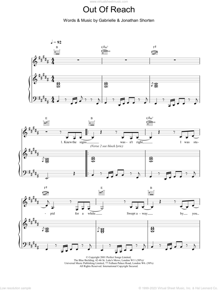 Out Of Reach sheet music for voice, piano or guitar by Gabrielle and Jonathan Shorten, intermediate skill level