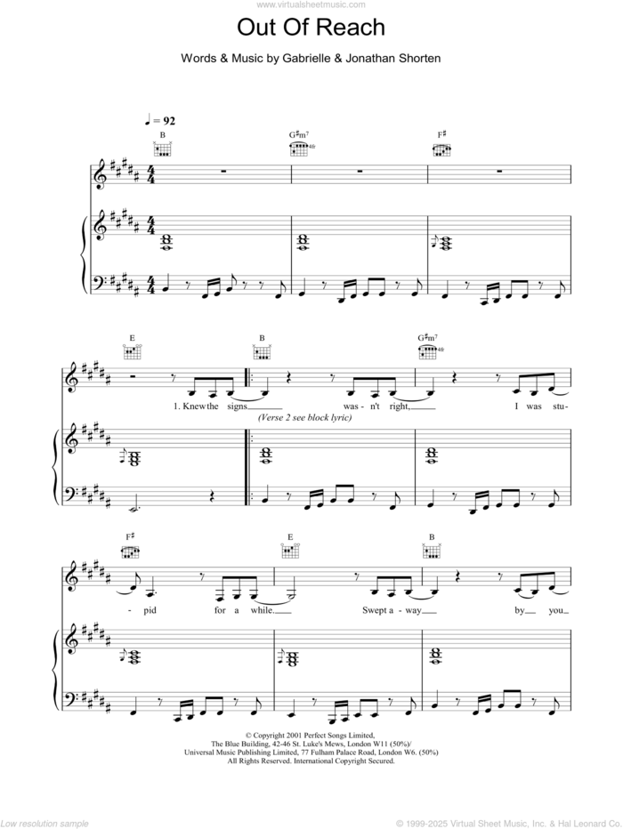 Out Of Reach sheet music for voice, piano or guitar by Gabrielle and Jonathan Shorten, intermediate skill level