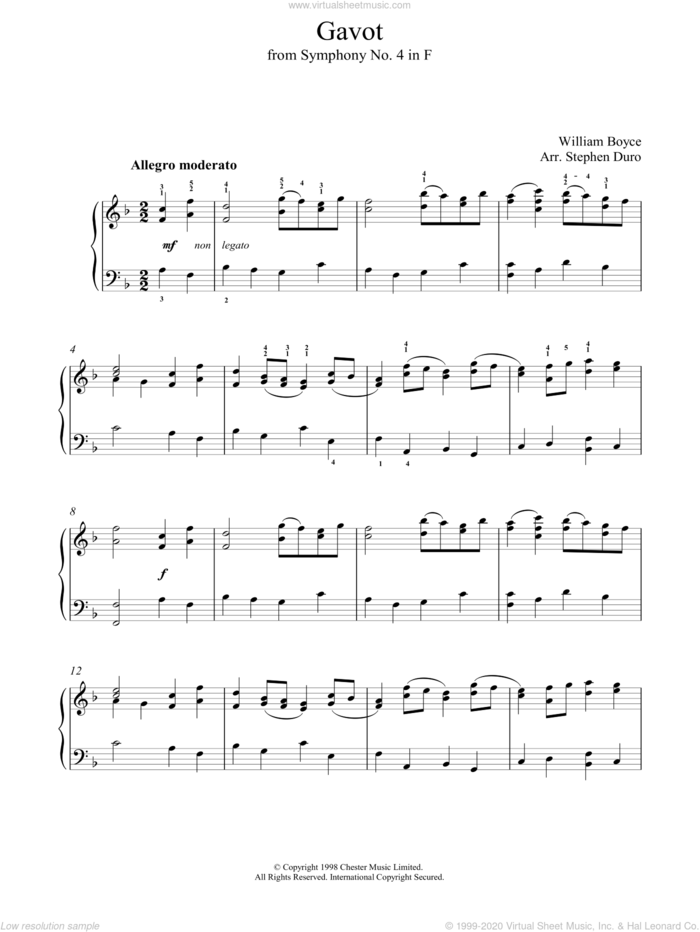 Gavot sheet music for voice, piano or guitar by William Boyce and Stephen Arr. Duro, classical score, intermediate skill level