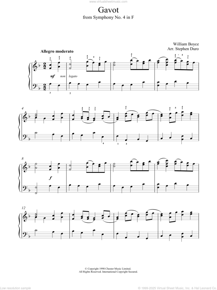 Gavot sheet music for voice, piano or guitar by William Boyce and Stephen Arr. Duro, classical score, intermediate skill level