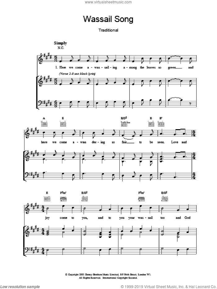 Wassail Song sheet music for voice, piano or guitar, intermediate skill level