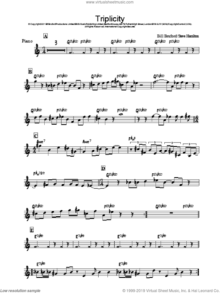 Triplicity sheet music for piano solo by Bill Bruford, intermediate skill level