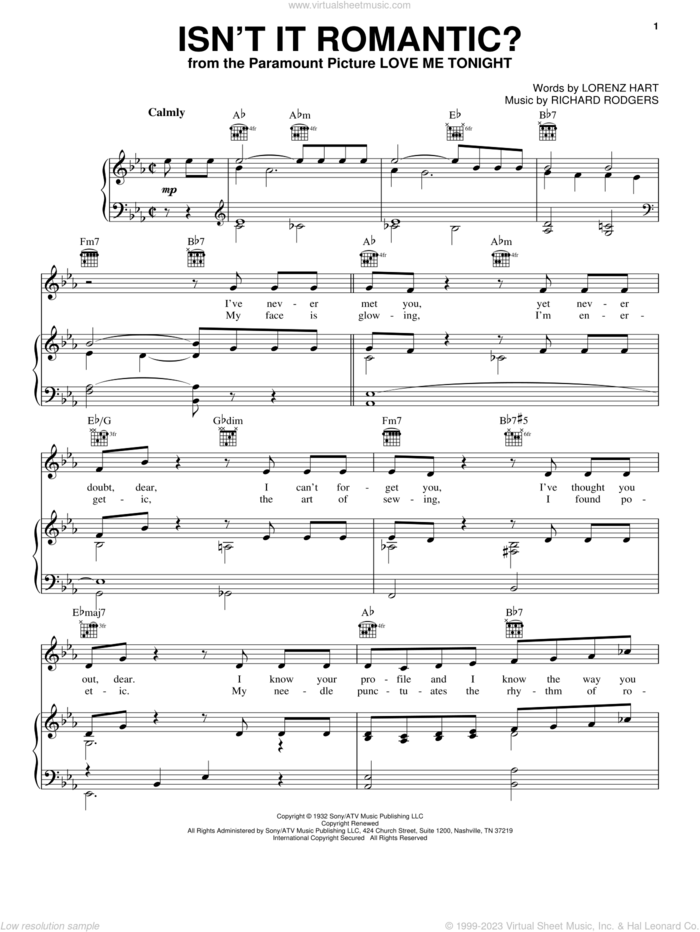 Isn't It Romantic? sheet music for voice, piano or guitar by Rodgers & Hart, Lorenz Hart and Richard Rodgers, intermediate skill level