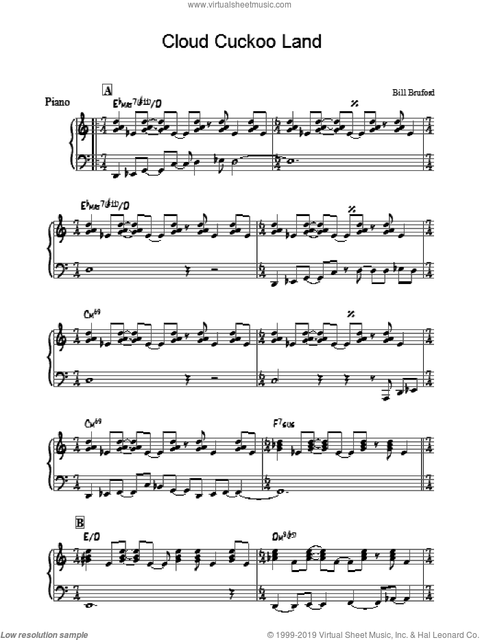 Cloud Cuckoo Land sheet music for piano solo by Bill Bruford, intermediate skill level
