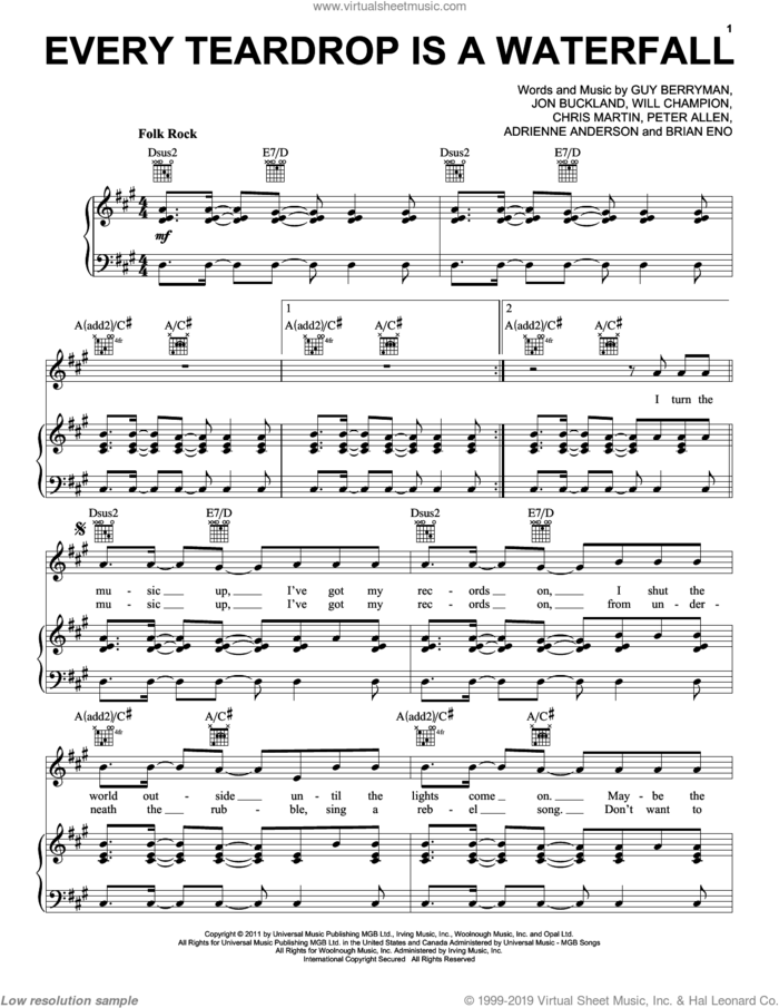 Every Teardrop Is A Waterfall sheet music for voice, piano or guitar by Coldplay, Adrienne Anderson, Brian Eno, Chris Martin, Guy Berryman, Jon Buckland, Peter Allen and Will Champion, intermediate skill level