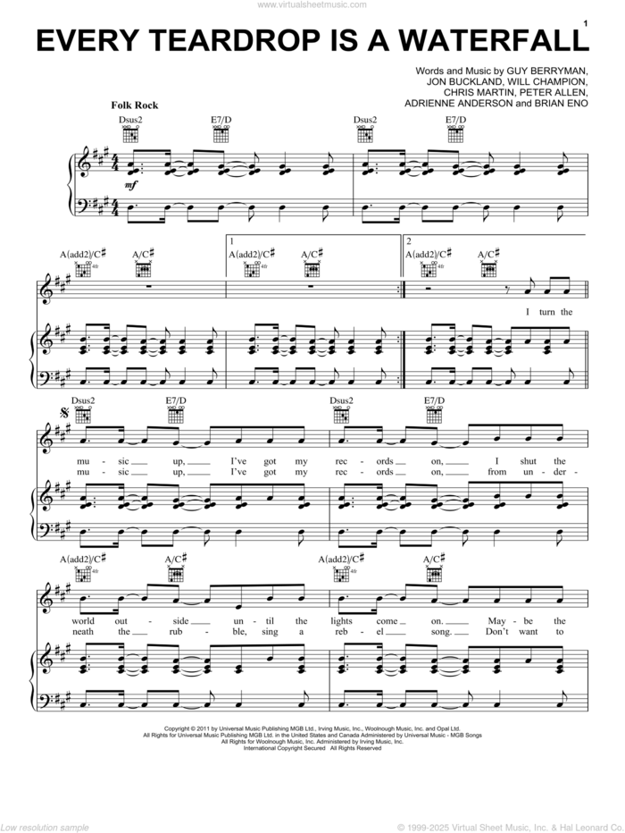 Every Teardrop Is A Waterfall sheet music for voice, piano or guitar by Coldplay, Adrienne Anderson, Brian Eno, Chris Martin, Guy Berryman, Jon Buckland, Peter Allen and Will Champion, intermediate skill level