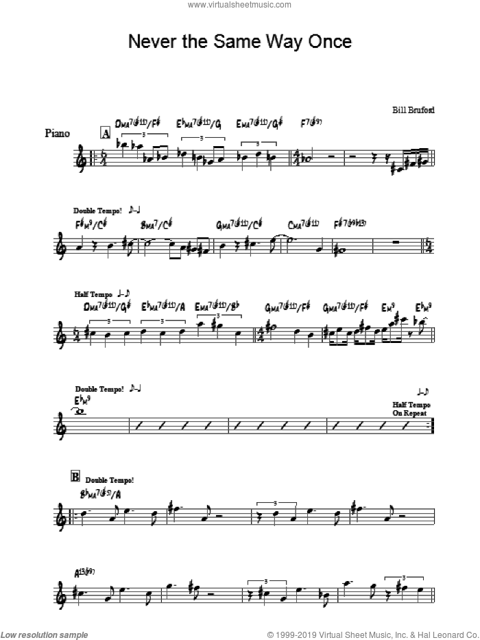 Never The Same Way Once sheet music for piano solo by Bill Bruford, intermediate skill level
