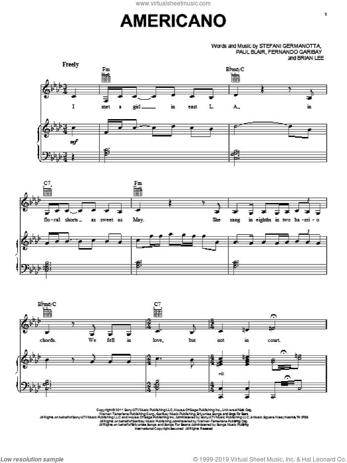 Americano sheet music for voice, piano or guitar by Lady GaGa, Brian Lee, Fernando Garibay and Paul Blair, intermediate skill level