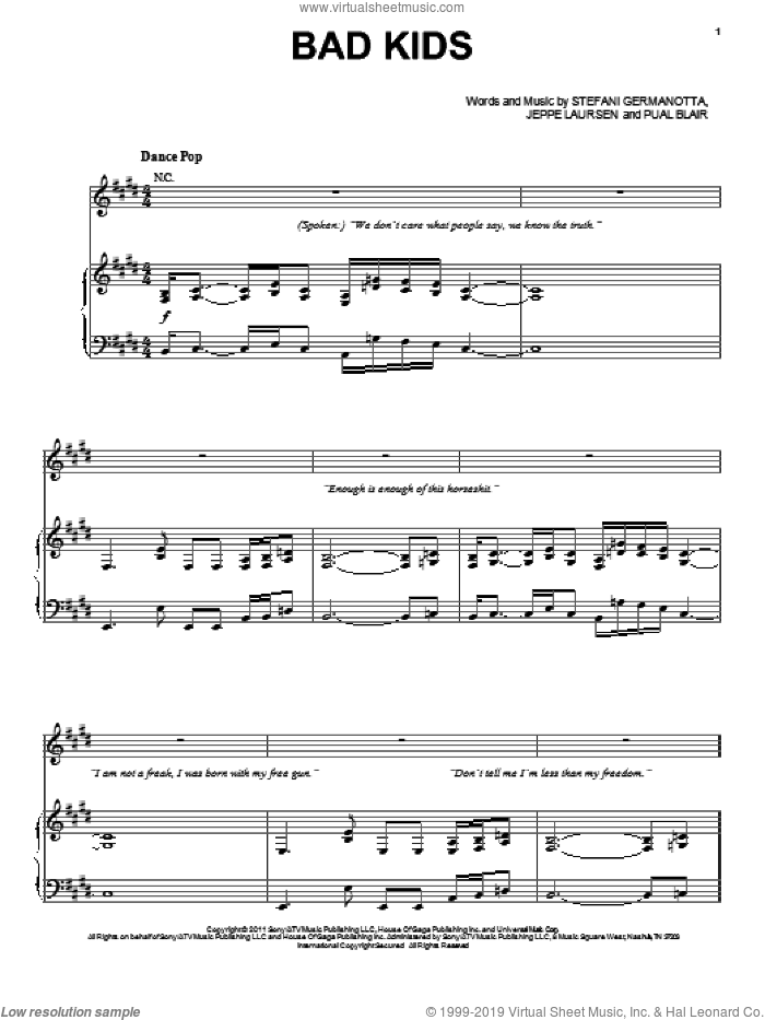 Bad Kids sheet music for voice, piano or guitar by Lady GaGa, Jeppe Laursen and Paul Blair, intermediate skill level
