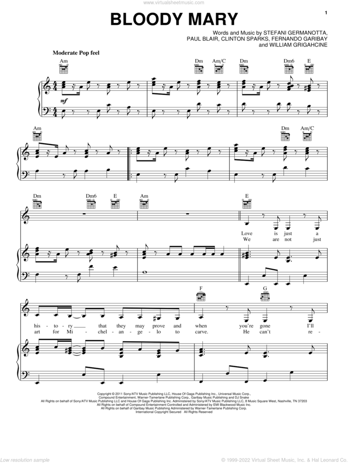 Bloody Mary sheet music for voice, piano or guitar by Lady GaGa, Clinton Sparks, Fernando Garibay, Paul Blair and William Grigahcine, intermediate skill level