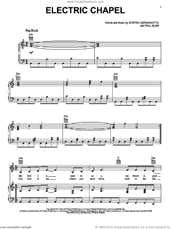 Electric Chapel sheet music for voice, piano or guitar by Lady GaGa and Paul Blair, intermediate skill level