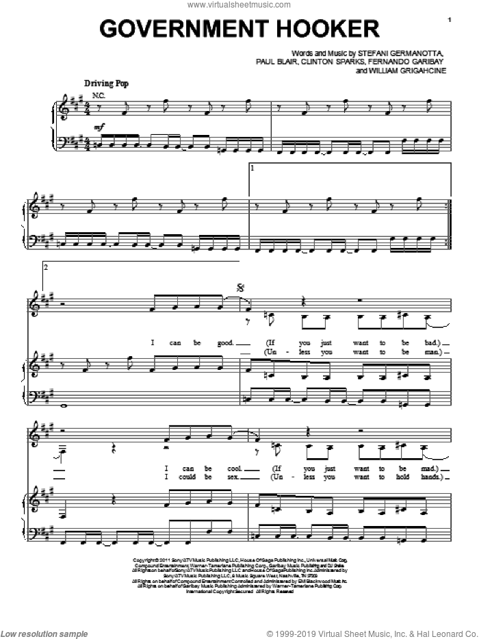 Government Hooker sheet music for voice, piano or guitar by Lady GaGa, Clinton Sparks, Fernando Garibay, Paul Blair and William Grigahcine, intermediate skill level