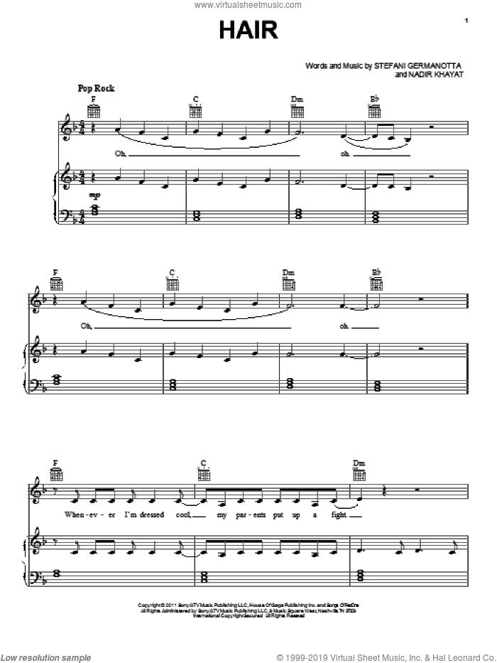 Hair sheet music for voice, piano or guitar by Lady GaGa and Nadir Khayat, intermediate skill level