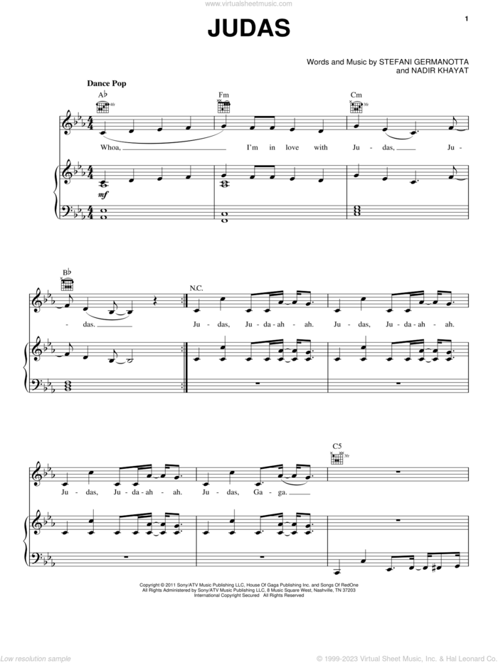 Judas sheet music for voice, piano or guitar by Lady GaGa and Nadir Khayat, intermediate skill level
