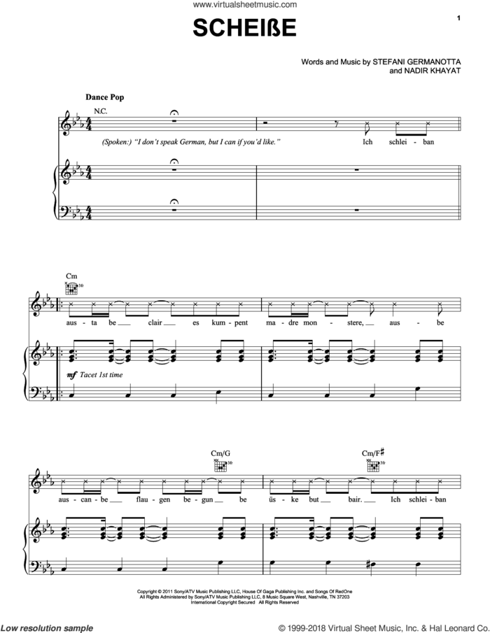 Scheibe sheet music for voice, piano or guitar by Lady GaGa and Nadir Khayat, intermediate skill level