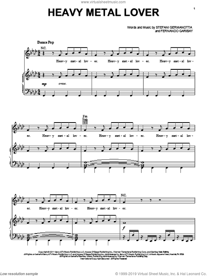 Heavy Metal Lover sheet music for voice, piano or guitar by Lady GaGa and Fernando Garibay, intermediate skill level