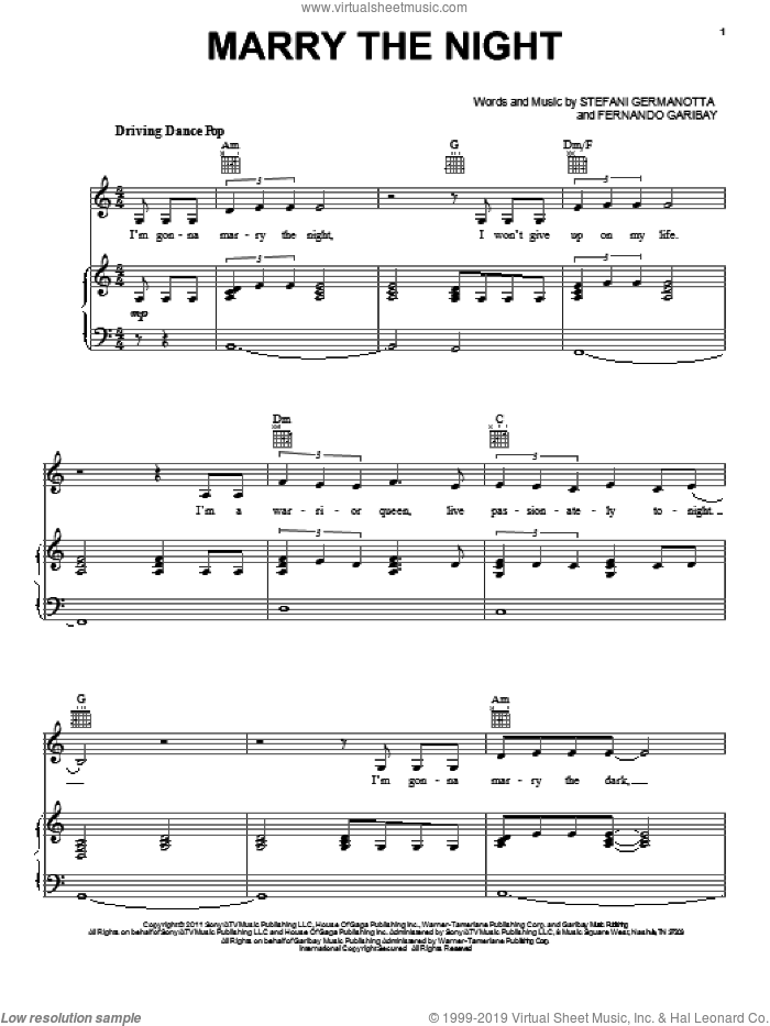 Marry The Night sheet music for voice, piano or guitar by Lady GaGa and Fernando Garibay, intermediate skill level