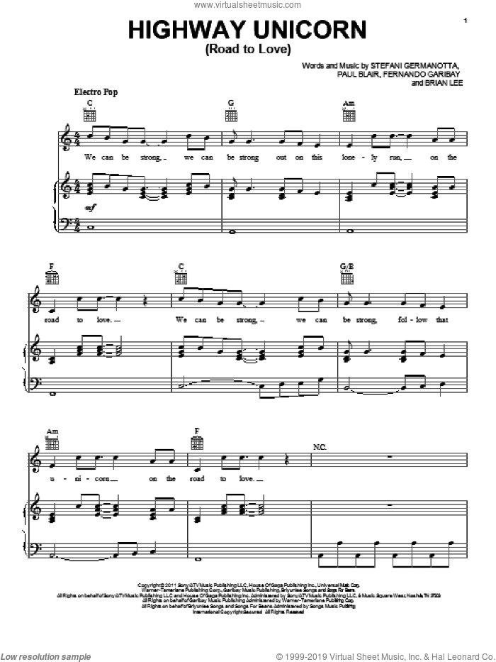 Highway Unicorn (Road To Love) sheet music for voice, piano or guitar by Lady GaGa, Brian Lee, Fernando Garibay and Paul Blair, intermediate skill level
