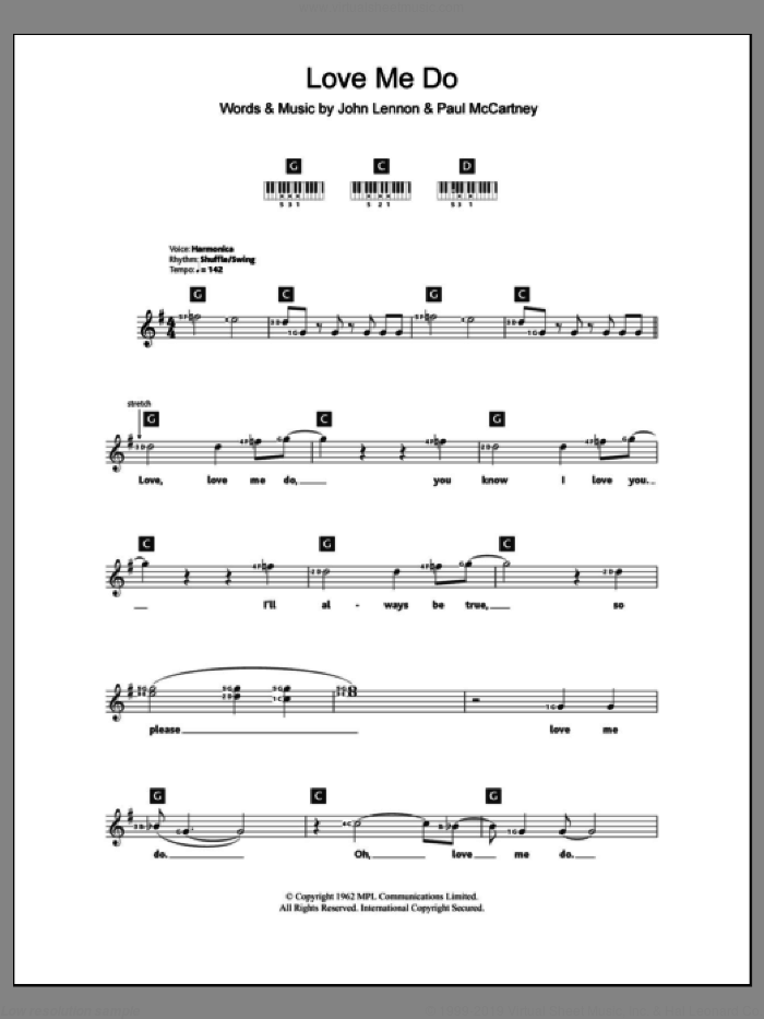 Love Me Do sheet music for piano solo (chords, lyrics, melody) by The Beatles, John Lennon and Paul McCartney, intermediate piano (chords, lyrics, melody)