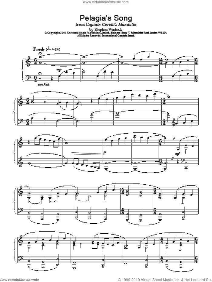 Pelagias Song sheet music for piano solo by Stephen Warbeck, intermediate skill level