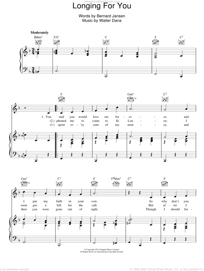 Longing For You sheet music for voice, piano or guitar by Vic Damone, Bernard Jansen and Walter Dana, intermediate skill level