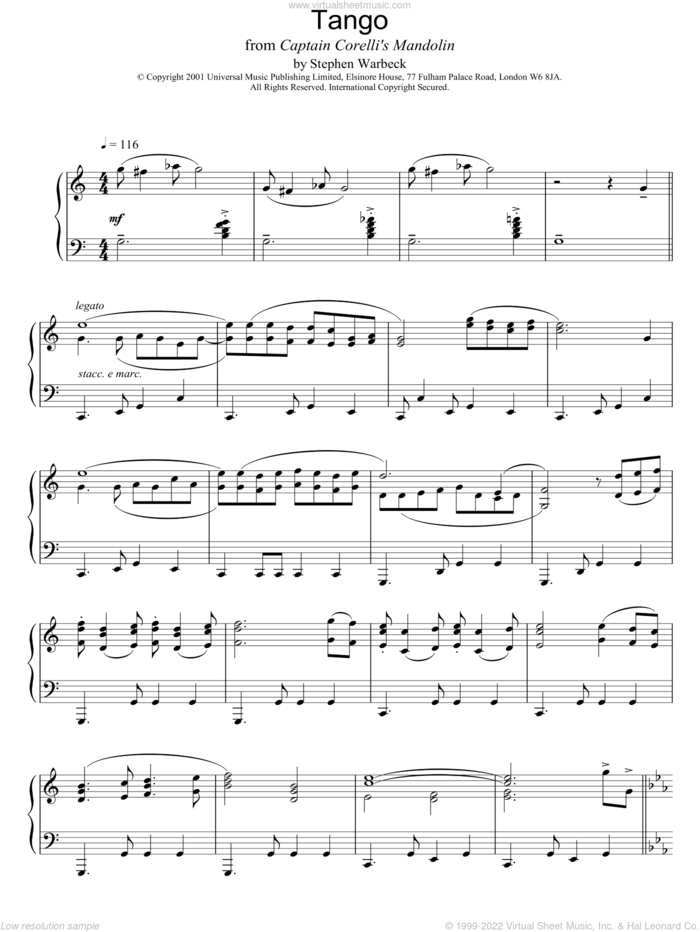 The Tango sheet music for piano solo by Stephen Warbeck, intermediate skill level