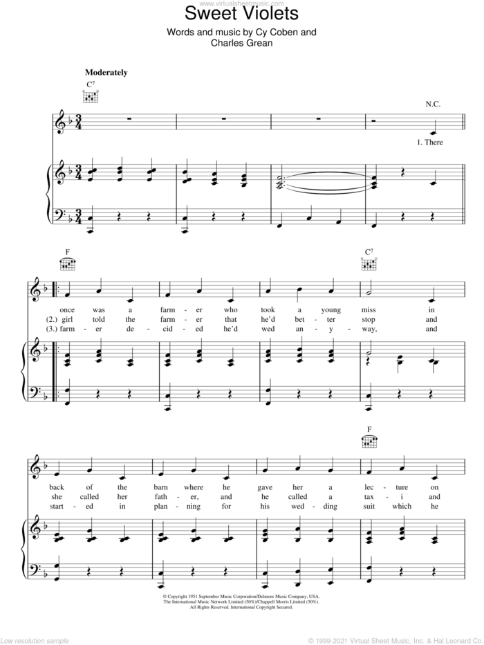 Sweet Violets sheet music for voice, piano or guitar by Cy Coben and Charles Grean, intermediate skill level