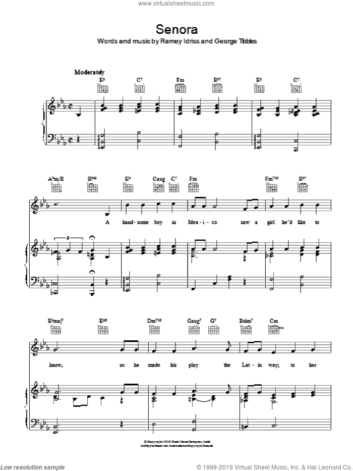 Senora sheet music for voice, piano or guitar by Jack Smith, George Tibbles and Ramey Idriss, intermediate skill level
