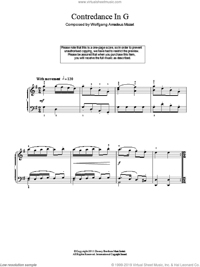 Contredance In G sheet music for piano solo by Wolfgang Amadeus Mozart, classical score, easy skill level