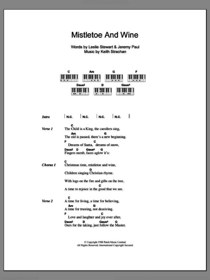 Mistletoe And Wine sheet music for piano solo (chords, lyrics, melody) by Cliff Richard, Jeremy Paul, Keith Strachan and Leslie Stewart, intermediate piano (chords, lyrics, melody)