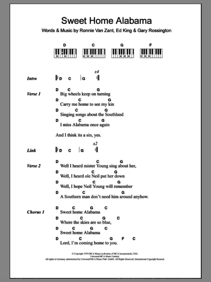 Sweet Home Alabama sheet music for piano solo (chords, lyrics, melody) by Lynyrd Skynyrd, Edward King, Gary Rossington and Ronnie Van Zant, intermediate piano (chords, lyrics, melody)
