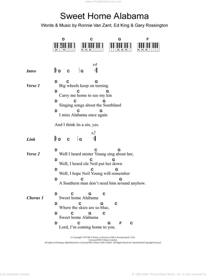 Sweet Home Alabama sheet music for piano solo (chords, lyrics, melody) by Lynyrd Skynyrd, Edward King, Gary Rossington and Ronnie Van Zant, intermediate piano (chords, lyrics, melody)