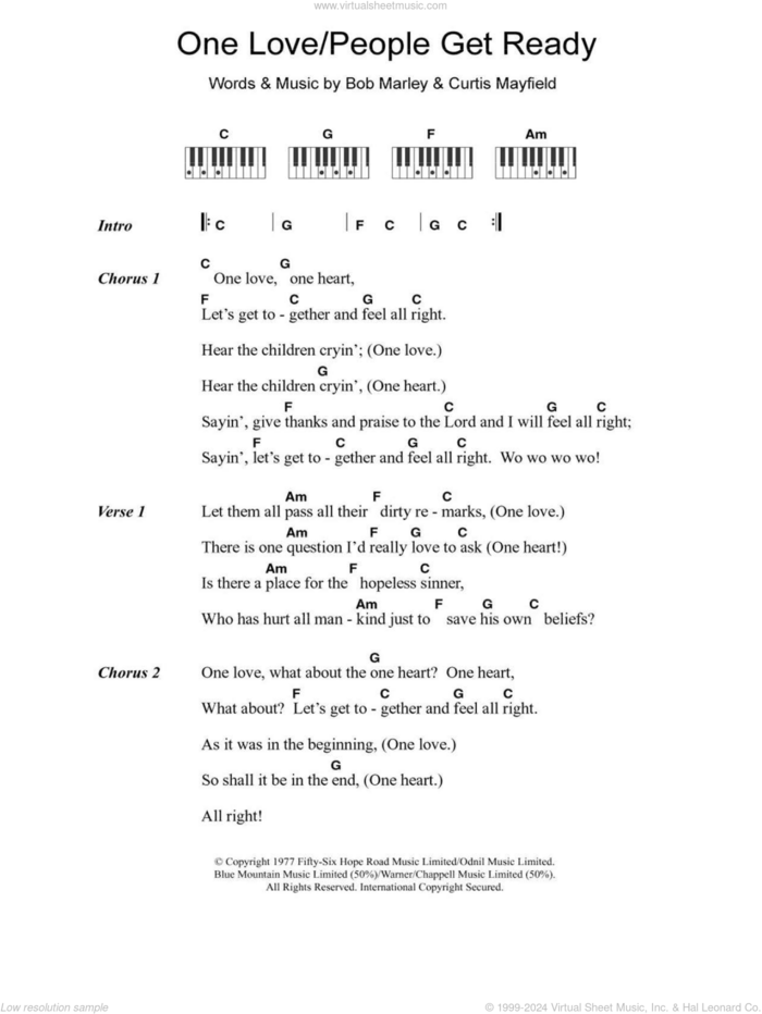 One Love sheet music for piano solo (chords, lyrics, melody) by Bob Marley and Curtis Mayfield, intermediate piano (chords, lyrics, melody)