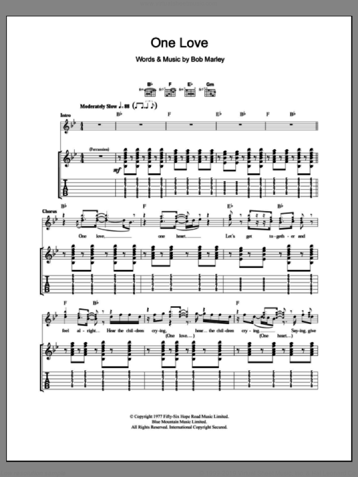 One Love sheet music for guitar (tablature) by Bob Marley, intermediate skill level