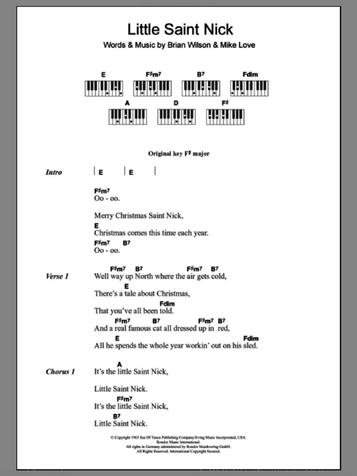 Little Saint Nick sheet music for piano solo (chords, lyrics, melody) by The Beach Boys, Brian Wilson and Mike Love, intermediate piano (chords, lyrics, melody)