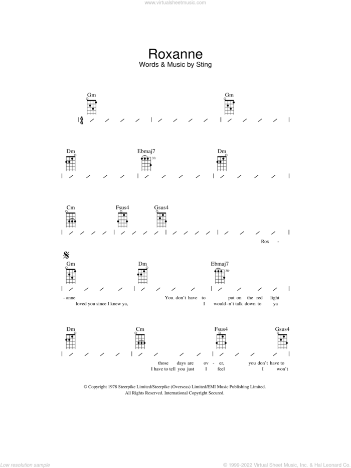 Roxanne sheet music for ukulele (chords) by The Police and Sting, intermediate skill level