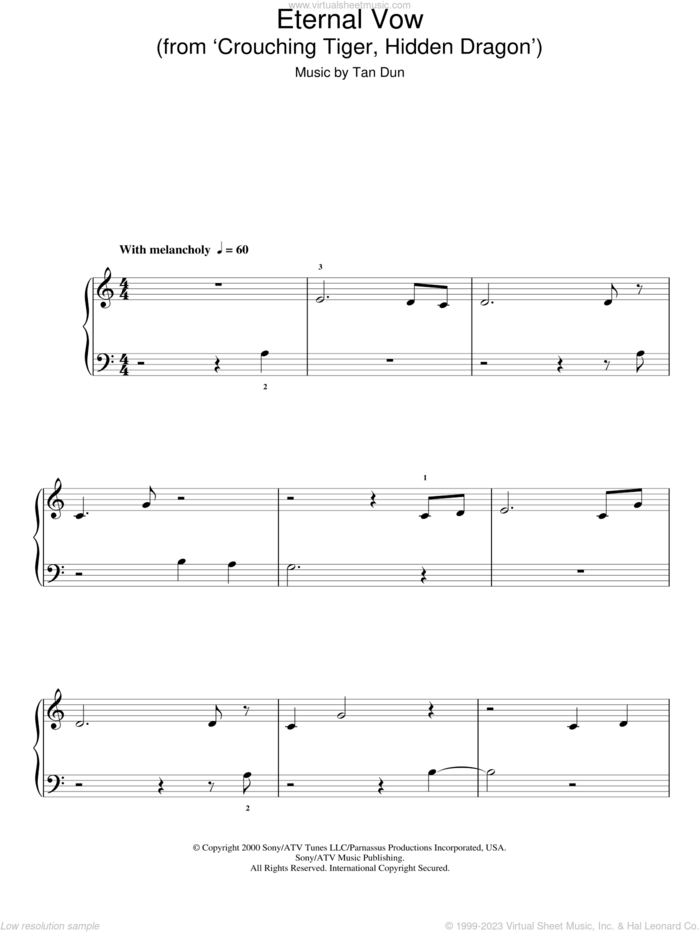 The Eternal Vow from Crouching Tiger, Hidden Dragon sheet music for piano solo by Tan Dun, easy skill level