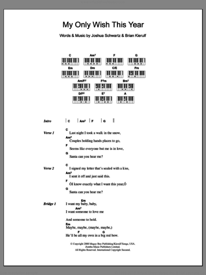 My Only Wish This Year sheet music for piano solo (chords, lyrics, melody) by Britney Spears, Brian Kierulf and Joshua Schwartz, intermediate piano (chords, lyrics, melody)