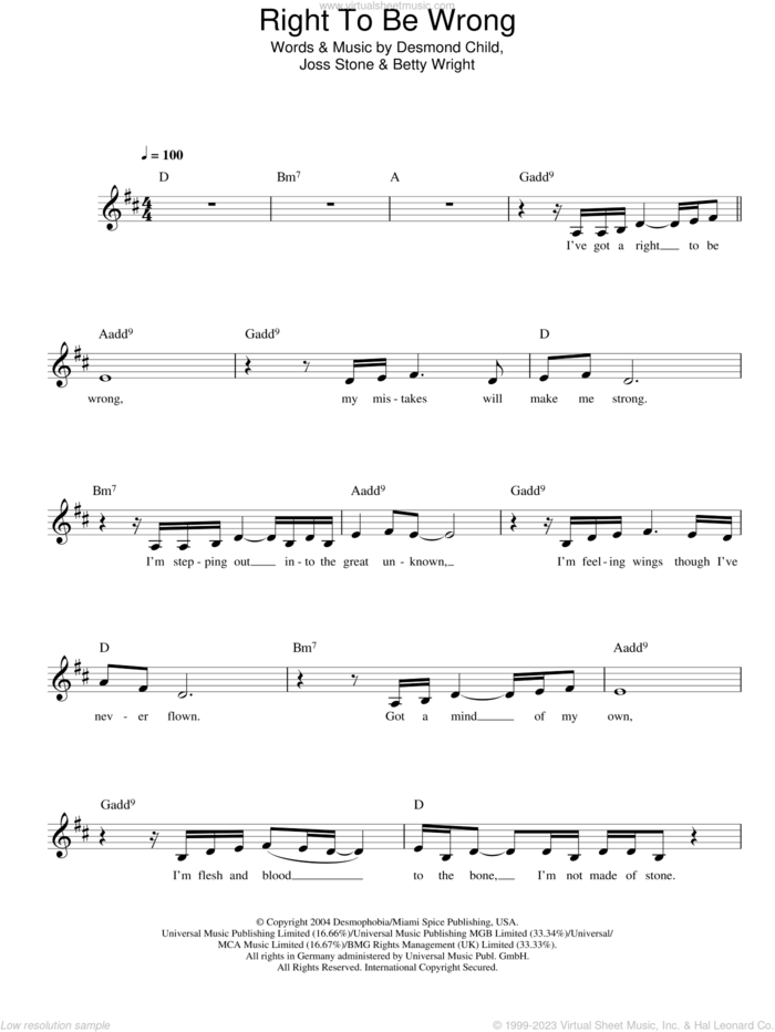 Right To Be Wrong sheet music for voice and other instruments (fake book) by Joss Stone, Betty Wright and Desmond Child, intermediate skill level