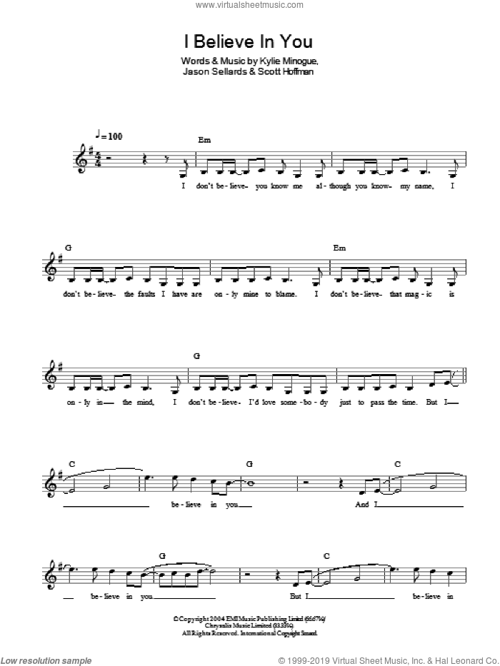 I Believe In You sheet music for piano solo by Kylie Minogue, Jason Sellards and Scott Hoffman, easy skill level