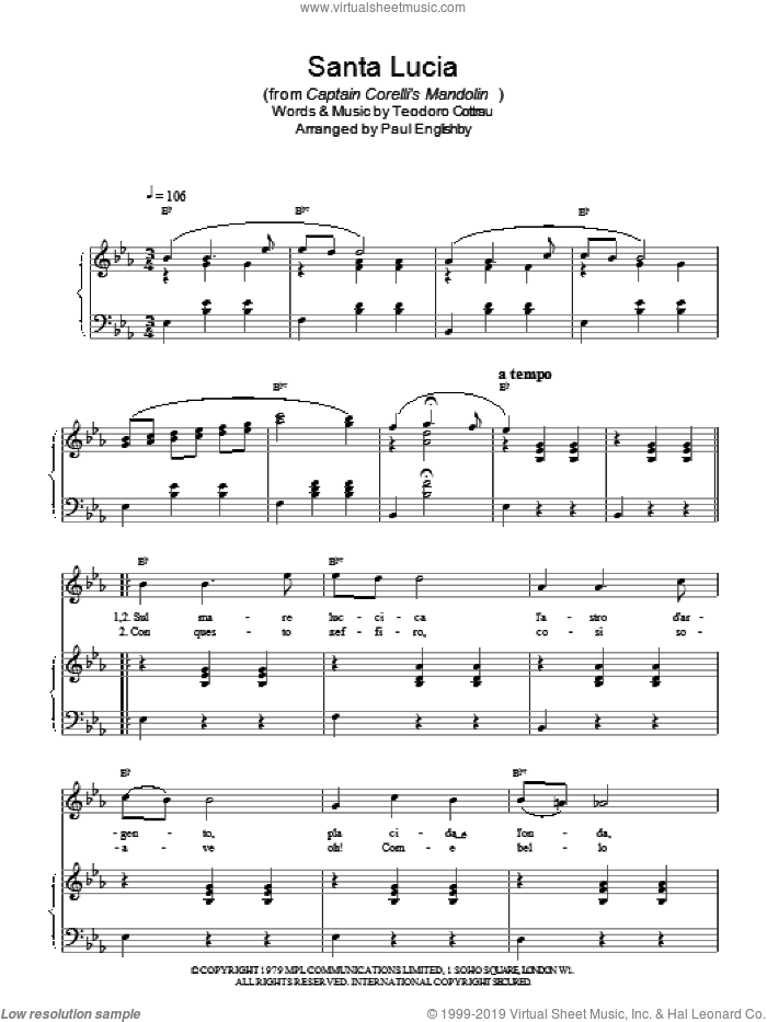 Santa Lucia sheet music for voice, piano or guitar by Teodoro Cottrau and Paul Englishby, intermediate skill level