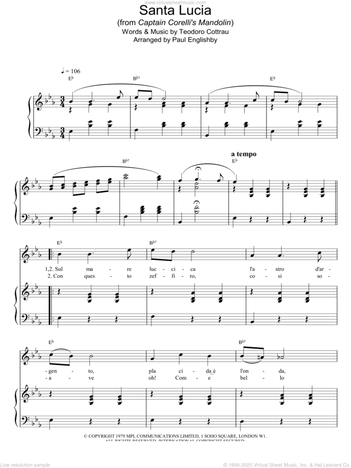 Santa Lucia sheet music for voice, piano or guitar by Teodoro Cottrau and Paul Englishby, intermediate skill level
