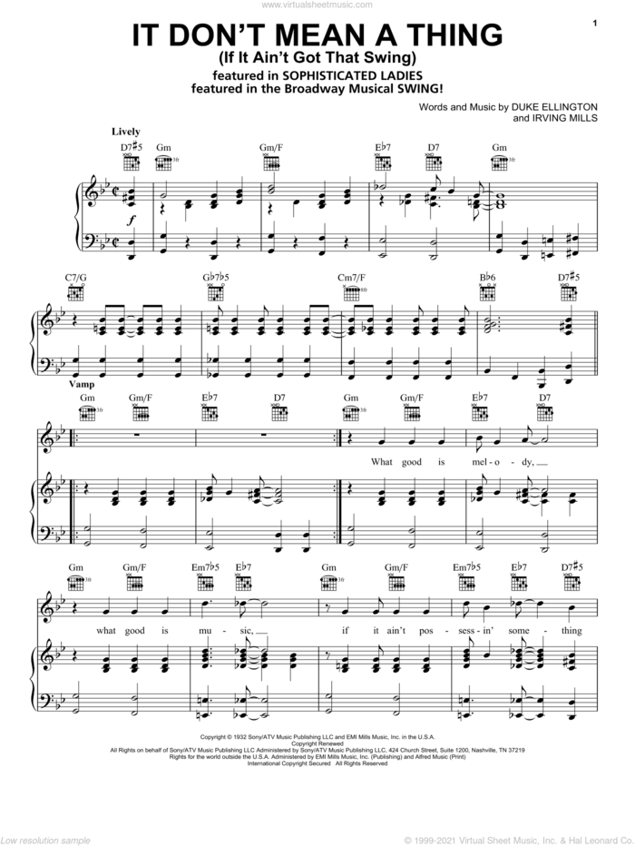 It Don't Mean A Thing (If It Ain't Got That Swing) sheet music for voice, piano or guitar by Duke Ellington and Irving Mills, intermediate skill level