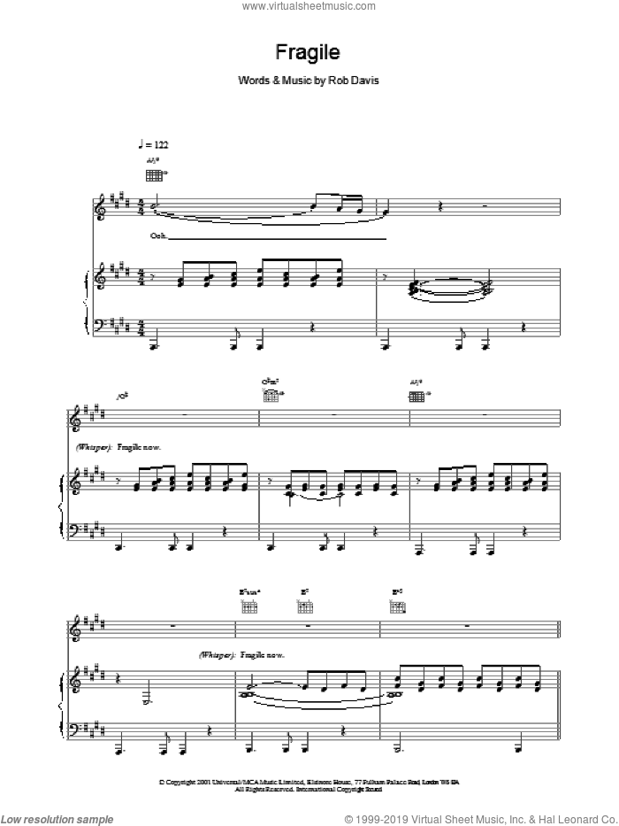 Fragile sheet music for voice, piano or guitar by Rob Davis and Kylie Minogue, intermediate skill level